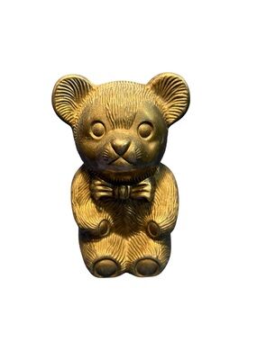 Vintage Silver Tone Metal Teddy Bear Coin/Piggy Bank with Fur Texture and Bow